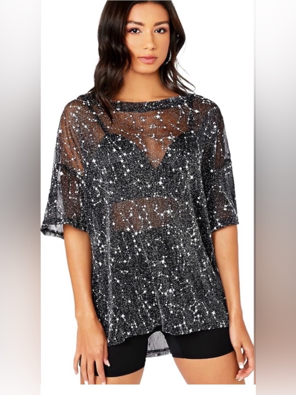 Sheer Glitter Star Mesh Top